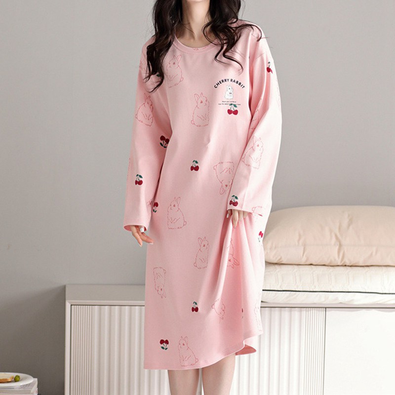 ルームワンピース ネグリジェ 春秋向き パジャマ レディース 長袖 コットン 柔らかい 肌に優しい 家着 寝間着 薄手 通気 吸汗 ナイトウェア 丸首 カジュアル 大きいサイズ
