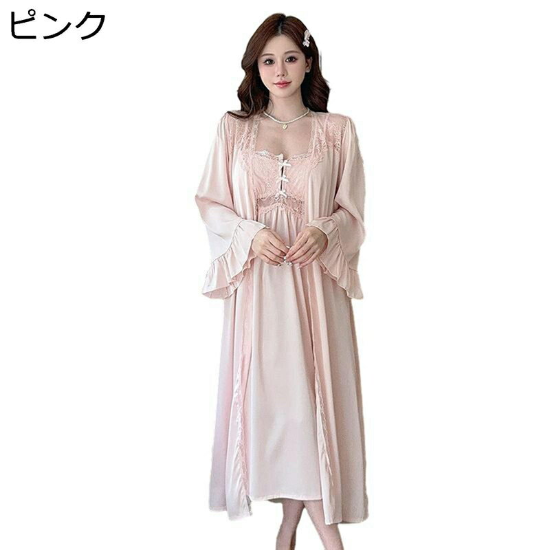 ネグリジェ 胸パッド付き 春秋 レディース パジャマ ルームワンピース レース シルク風 薄手 肌に優しい 長袖アウター ガウン カジュアルキャミソール 部屋着 寝巻き ナイトウェア