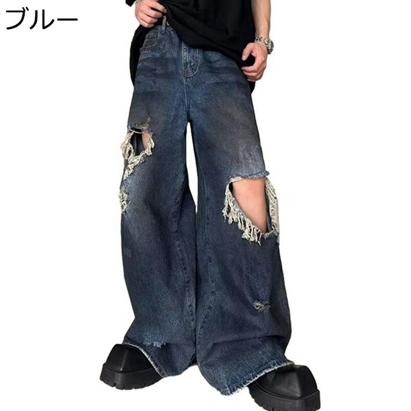 ダメージジーンズ デニムパンツ メンズボトムズ ワイドパンツ Gパン ジーパン 大きいサイズ b系パンツ フルレングス ウォッシュ加工 ヒップホップ V系 春秋 夏 ストリート 外出 ダンス 着回し力