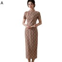 ワンピースドレス レディース チャイナ服 チャイナドレス チェック柄 プリント 柔らかい 着痩せ ロング丈 ファッション エレガント スリット 春夏 お呼ばれ 学園祭 文化祭 彼女 デイリー
