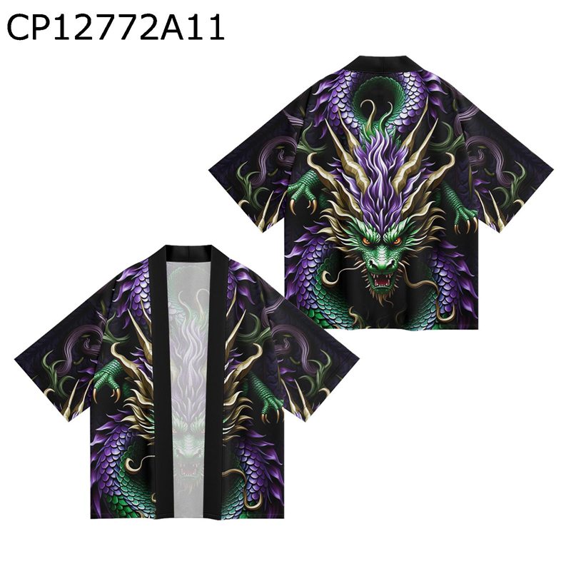 カーディガン メンズ ドラゴン 夏服 和式パーカー 龍柄プリント 青龍 日式アウター 羽織 7分袖 開襟シャツ ワイド 半纏 法被 浴衣 エアコン対策 通気速乾 夏 カジュアル 作務衣 街着 オシャレ