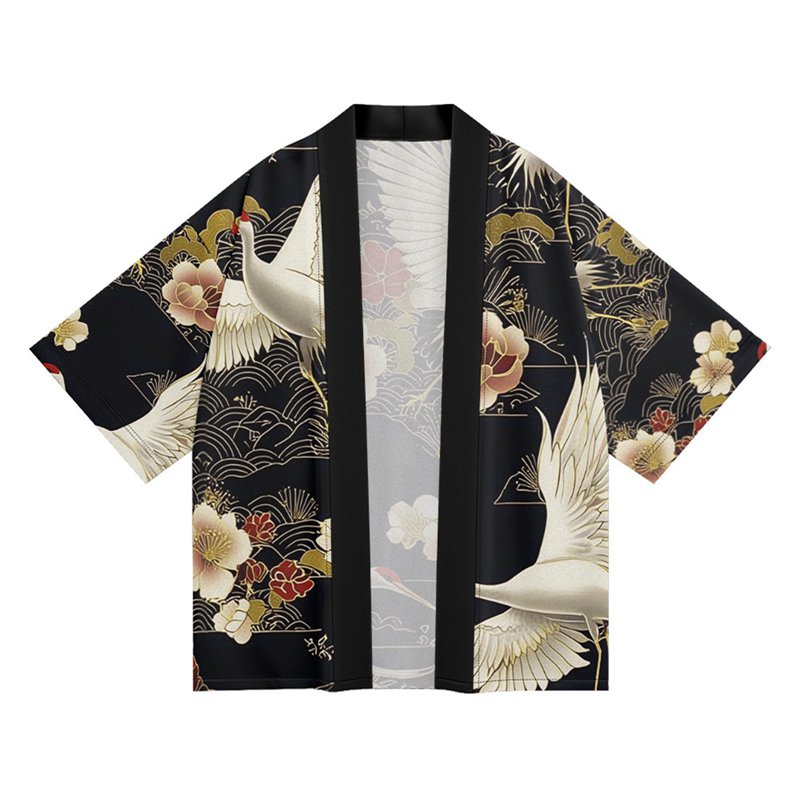 カーディガン メンズ 鶴柄プリント 夏服 和式パーカー 牡丹 花柄 羽織 日式アウター 7分袖 開襟シャツ ゆったり 和柄法被 半纏 エアコン対策 通気速乾 夏用 UV対策 夏祭り 花火大会 カップル
