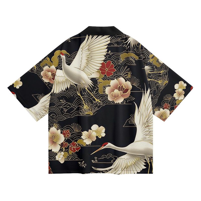 カーディガン メンズ 鶴柄プリント 夏服 和式パーカー 牡丹 花柄 羽織 日式アウター 7分袖 開襟シャツ ゆったり 和柄法被 半纏 エアコン対策 通気速乾 夏用 UV対策 夏祭り 花火大会 カップル