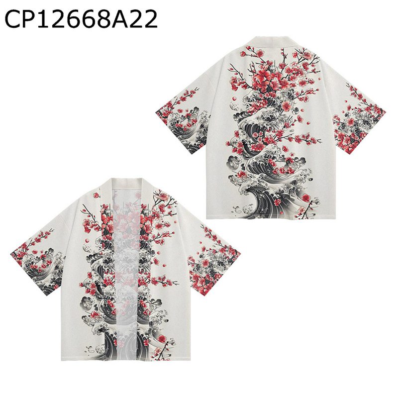 和柄カーディガン メンズ レディース 波 浮世絵 梅柄 羽織 和式パーカー 夏服 七分袖 開襟シャツ 透気 ..