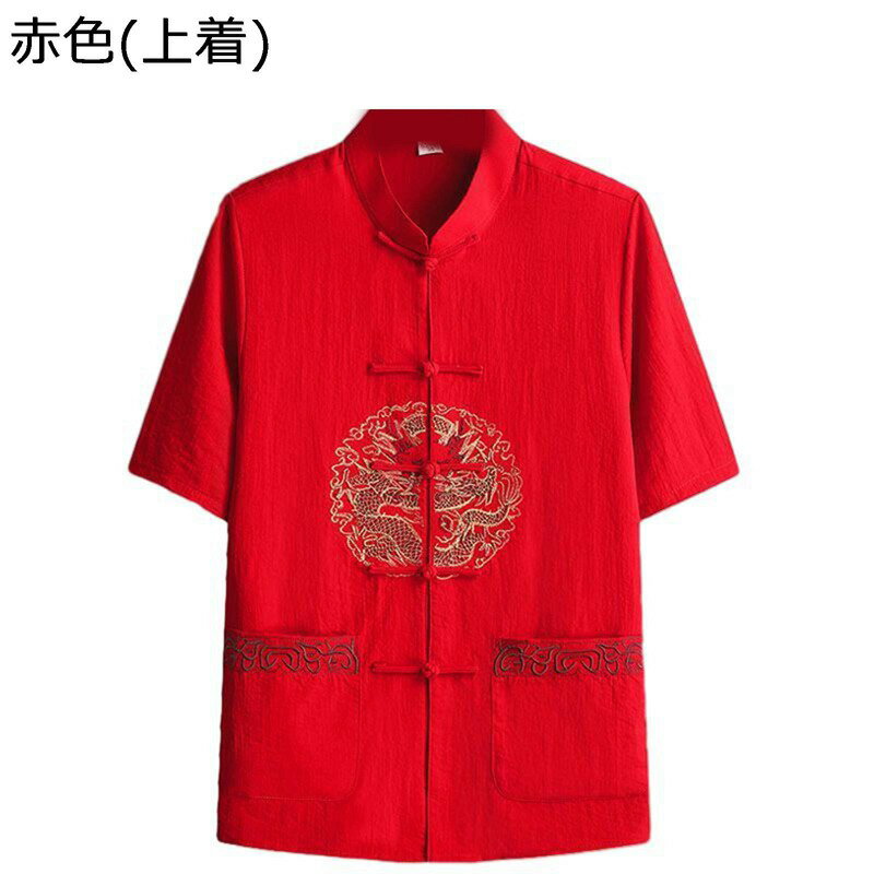 唐装 シャツ メンズ 半袖 夏服 漢服 龍柄 刺繍 薄手 通気性 軽い 大きいサイズ チャイナボタン ポケット付き トップス カンフー衣装 唐衣 カジュアル アウトドア 旅行 普段着 散歩