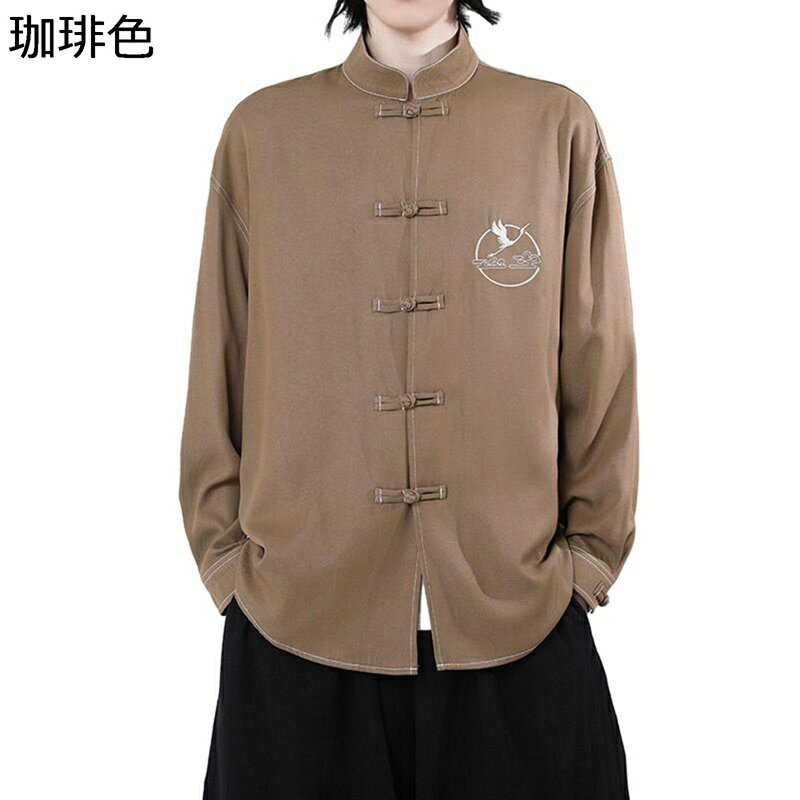 唐装 漢服 チャイナシャツ メンズ 伝統服 長袖 チャイナ風 鶴柄 刺繍 通気性 吸汗速乾 チャイナボタン ファッション カジュアル 大きいサイズ 上着 茶服 春秋 お出掛け 普段着 散歩