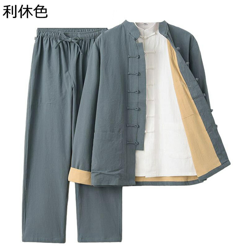 唐装 チャイナ服 メンズ 長袖 伝統服 武術シャツ 大きいサイズ カジュアル チャイナボタン チャイナ風 通気性 速乾性 漢服 ポケット付き シャツ 上下セット 春秋 寿披露宴 日常着用 普段着