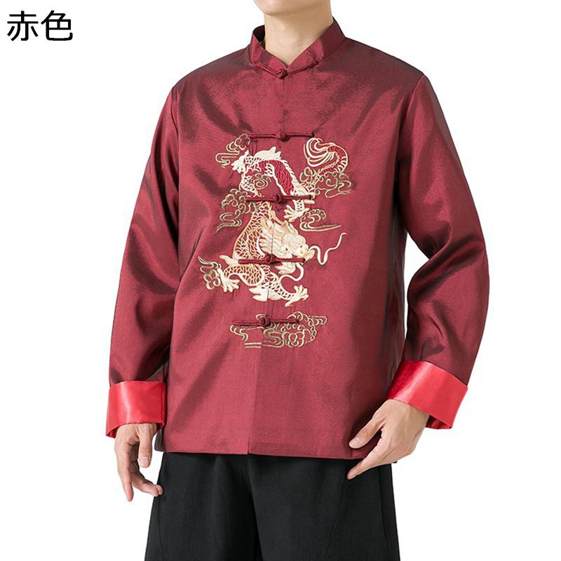 唐装 チャイナ服 伝統服 チャイナシャツ ジャケット 龍柄 刺繍 チャイナボタン 上着 チャイナ風 通気性 汗染み防止 カッコイイ ファッション ゆったり おしゃれ カジュアル 普段着 トラベル