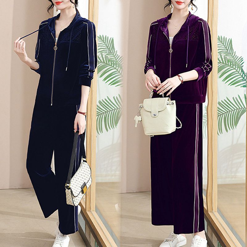 ジャージ 上下セット 中高年 シニア ベルベット ジップパーカー フード レディース ルームウェア 部屋着 ロングズボン ゆったり 伸縮性 60-80代 ベーシック カジュアル 運動服 春服
