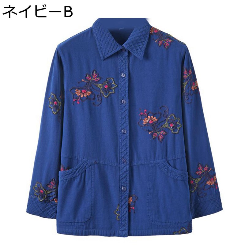シニアファッション 長袖 デニムシャツ レディース 刺繍 トップス 折り襟 コットン ゆったり ボタンダウン 老人服 お婆ちゃん 40代 50代 春夏秋 お出かけ リゾート 敬老の日 プレゼント