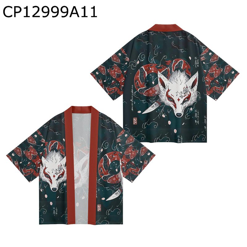 メンズ 和式パーカー カーディガン サマージャケット 和装浴衣コート カジュアル ハンサム クラシック 羽織り 夏 狐の面プリント オシャレ カッコイイ 花火祭 通気性 自宅運動 日焼け止め