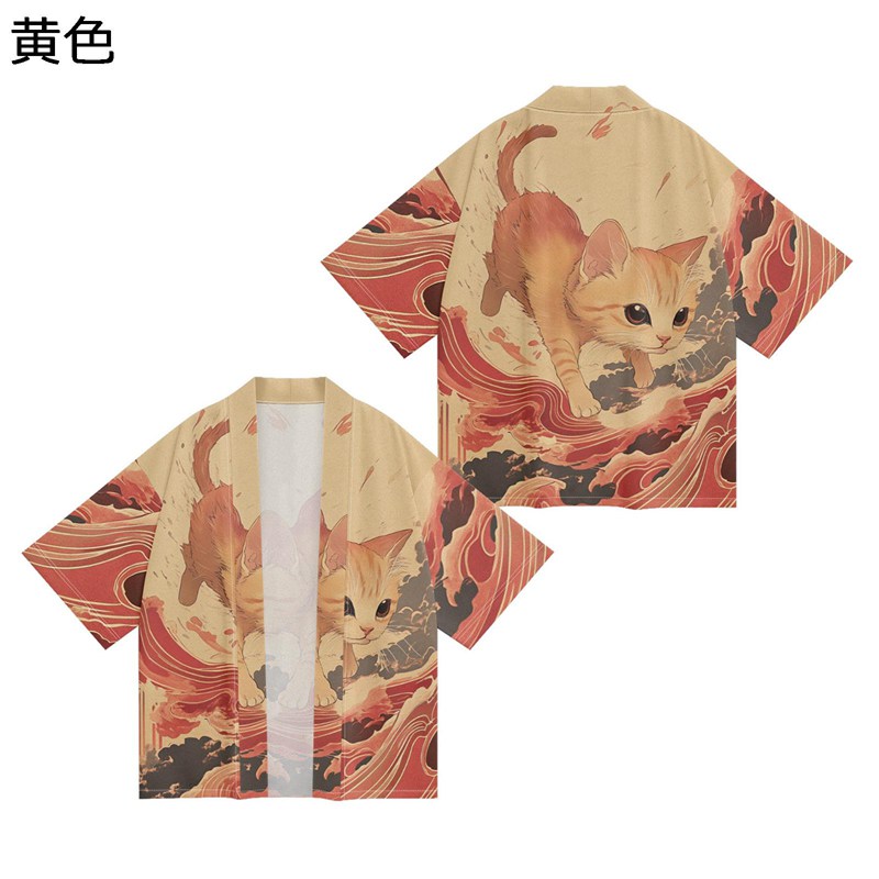 ねこ柄カーディガン メンズ 猫 和式パーカー 夏服 羽織 かわいいネコ 七分袖 開襟シャツ 透気性良い 早乾き 冷房対策 紫外線防止 法被 半纏 ワイド サマージャケット 着物 お祭り衣装 温泉 ビーチ