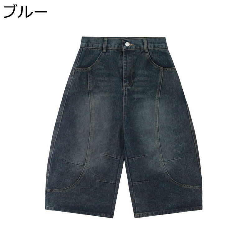 極太 バギーショットパンツ メンズ ジーンズ 夏 ショーツ ワイドデニム 通気 ハイストリート ファション カジュアル ハーフパンツ 体型カバー シンプル ヒップホップ ルーズ ロックストリート(4.0)