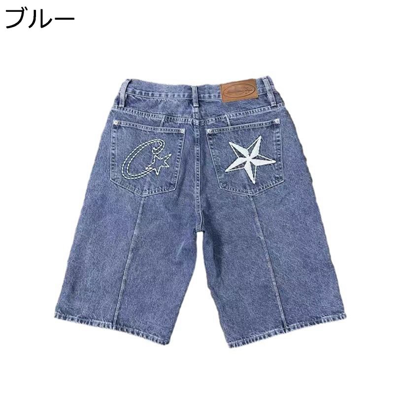 ジーンズ メンズ ショットパンツ ストレート 刺繍 ワイド デニムハーフパンツ おしゃれ 通気 夏 ジーパン 5分丈 短パン 柔らかい 蒸れにくい ヒップホップ カジュアル 半ズボン ストリート系