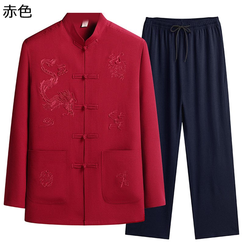 チャイナ服 メンズ 唐装 長袖 漢服 伝統服 上下セット チャイナボタン 大きいサイズ カジュアル 夏服 カンフーシャツ チャイナ風 薄手 通気性 吸汗速乾 軽量 春夏秋 デイリー トラベル 普段着