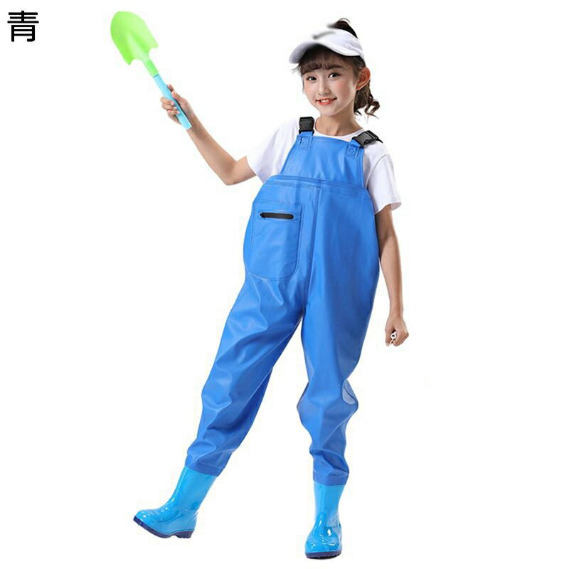 PVC ウェダー 子供ウェーダー チェストハイ 防水パンツ ロングレインブーツ 梅雨対策 通気 砂掘 砂遊び 泥遊び スライムや粘土遊び 手作り 室内 屋外 水族館 小学校 幼稚園 保育園