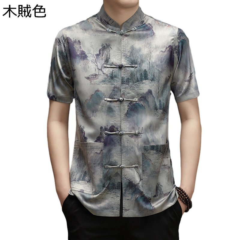 半袖シャツ メンズ 唐装 漢服 夏服 山水柄 プリント 涼しい 薄手 耐久性 通気性 中華風 大きいサイズ チャイナボタン 上着 伝統服 おしゃれ カジュアル ...