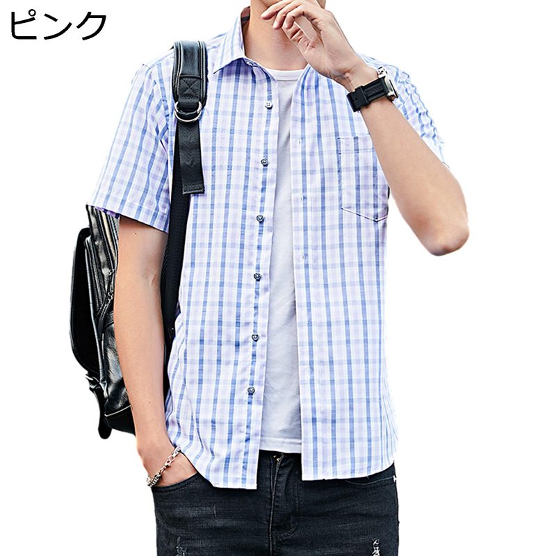 チェックシャツ 半袖 カジュアルシャツ 夏 青年 通気性 形態安定 吸湿・発汗 スリムフィット 前開き 大きめ ポケット付き トップス おしゃれ ビジカジ 柔らかい 肌触り良い サマ 普段着 お出かけ