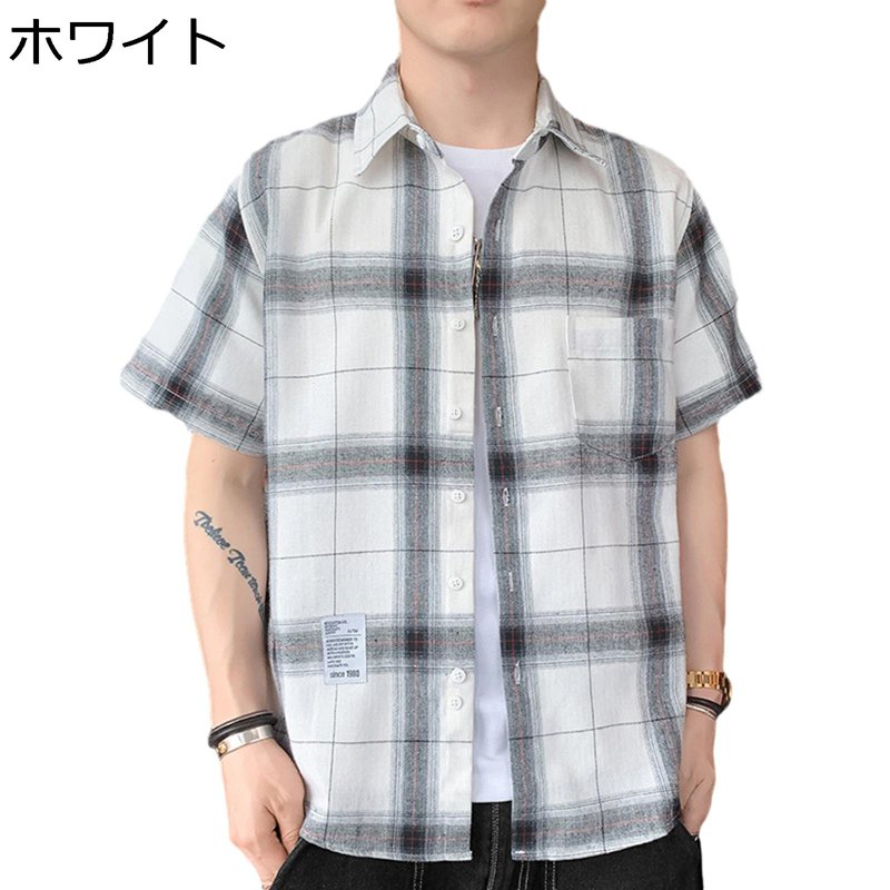 チェックシャツ 半袖シャツ 男性用 薄い 耐摩耗 通気性 吸汗速乾 カジュアル フィット ゆったり オシャレ チェック柄 プリント ヴィンテージ おおきいサイズ 前開き 通勤用 通学 部活 夏 青年