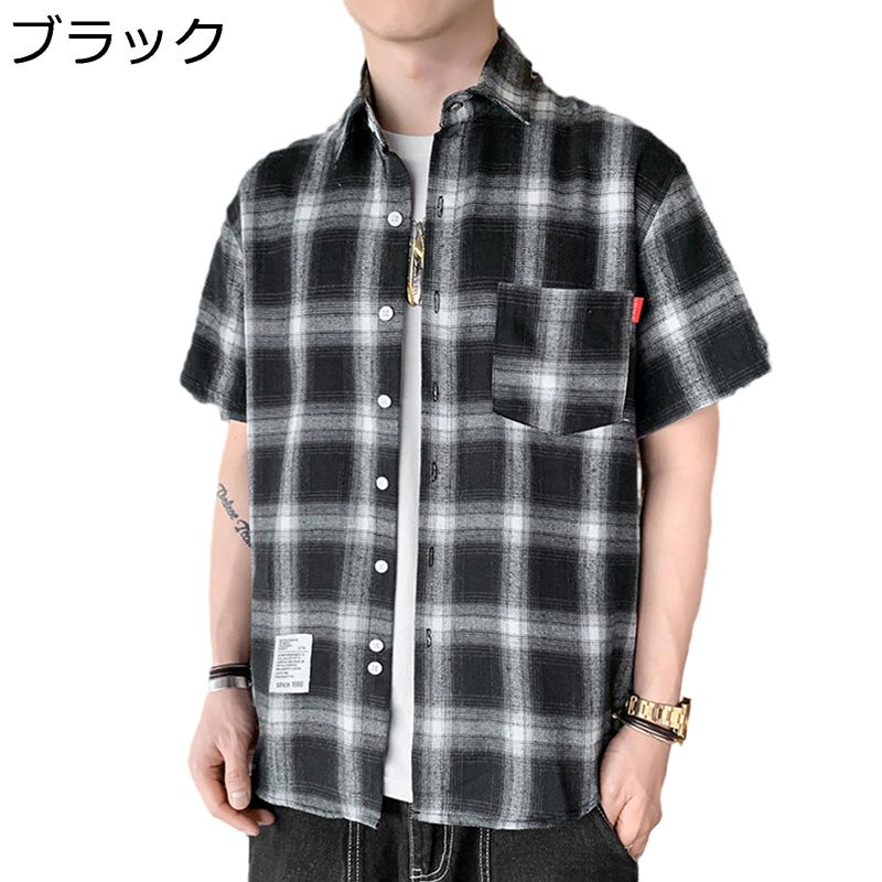 チェックシャツ 半袖シャツ 男性用 薄い 耐摩耗 通気性 吸汗速乾 カジュアル フィット ゆったり オシャレ チェック柄 プリント ヴィンテージ おおきいサイズ 前開き 通勤用 通学 部活 夏 青年