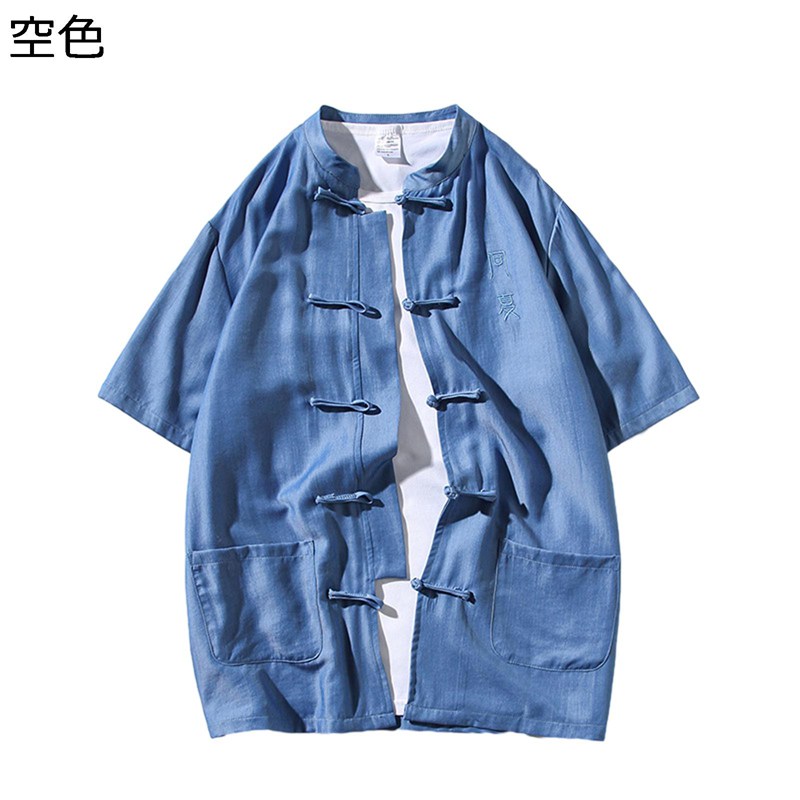 唐スーツ 開襟シャツ 漢服 メンズ 半袖 文字柄 刺繍 通気性 速乾性 吸湿 薄手 立ち襟 結び釦シャツ カジュアル 大きいサイズ トップス チャイナ風 通学 お出掛け 旅行 ビジネス 春夏秋