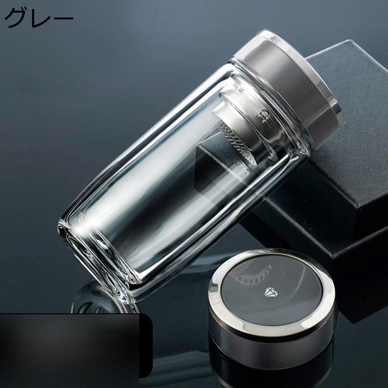 クリアボトル 水筒 茶こし付き 二重ガラス 直飲み 給水 蓋付き 300ml 水分補給 漏れなし 飲料/ジュース/お茶など入れ 高い密封性 持ち運び 洗いやすい ビジネス 通勤通学 在宅 キャンプ