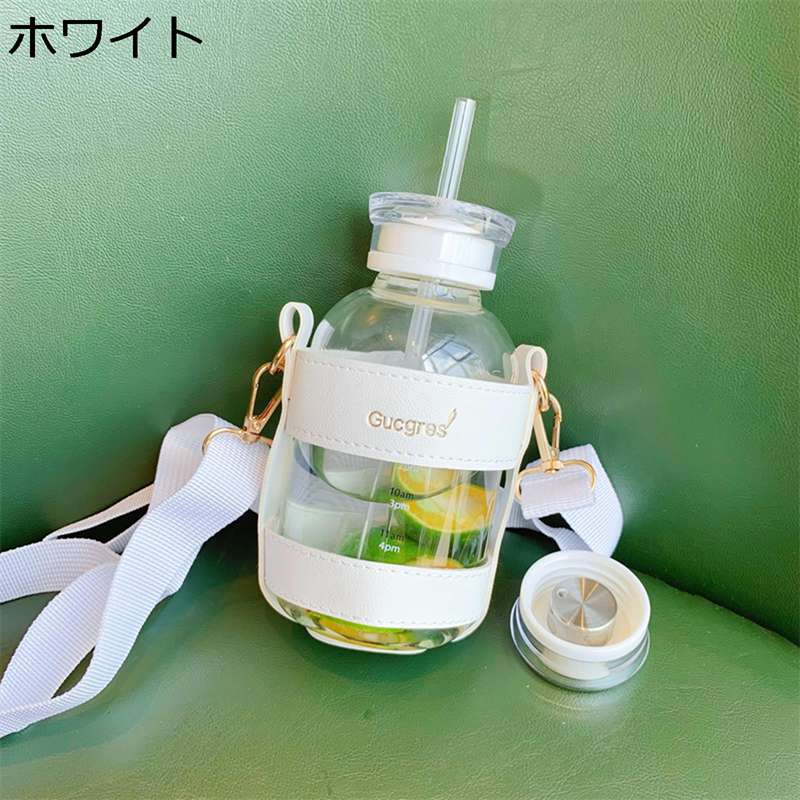 水筒 タイムマーカー付きウォーターボトル ガラスボトル ストロー 蓋付き ケース付き 夏用 斜め掛け 給水ボトル コップ タンブラー 大人用 キッズ 漏れなし 超軽量 耐冷耐熱 スポーツ キャンプ 仕事 遠足