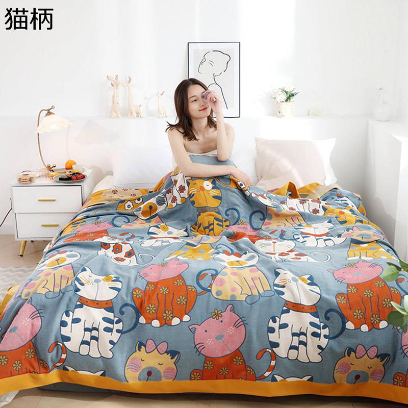 タオルケット 5重ガーゼ 可愛い 猫柄 ブランケット 大判 冷房対策 柔らかい肌触り さらさら 柔軟性 静電気防止 省エネ お昼寝 オールシーズン/夏用 吸湿 通気 吸汗 綿毛布 ソファーケット 丸洗い