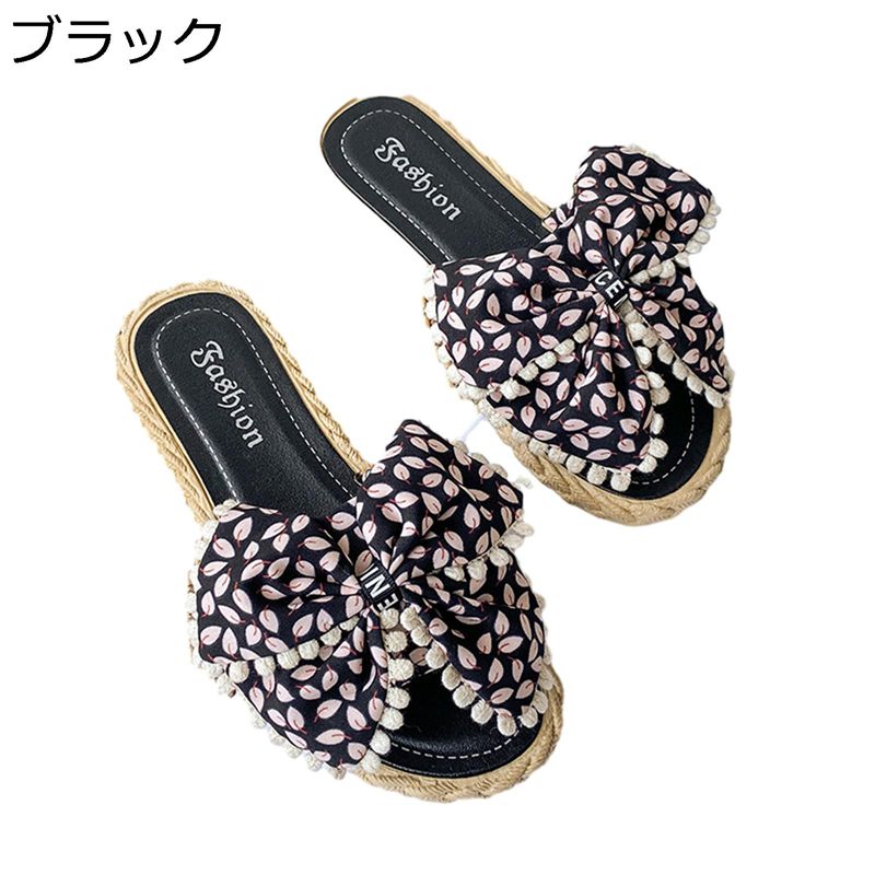 ビーチサンダル 蝶結び ローヒール スリッパ オープントゥ レディース 花柄 サマーシューズ 夏用 美脚 蒸れない コンフォート 静音 洗濯可 プール 普段履き...