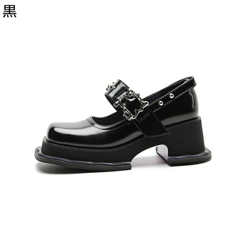パンプス ハイヒール レディース バックル リベットパンク サブカル ゴスロリ チャンキーヒール ロリータ靴 スクエアトゥ エナメル ラインストーン ゴシックパ...