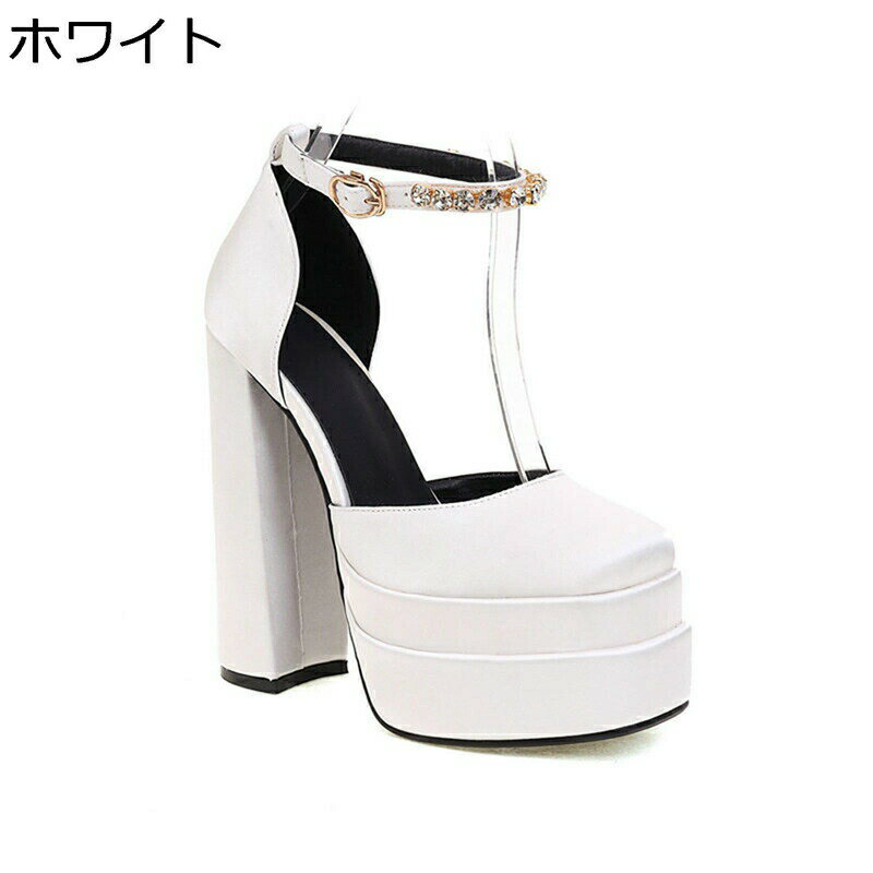 パンプス ハイヒール サテン レディース ヒール14.5cm 大きいサイズ 小さいサイズ 男の娘 アンクルストライプ ラインストーン チャンキーヒール 厚底パン...