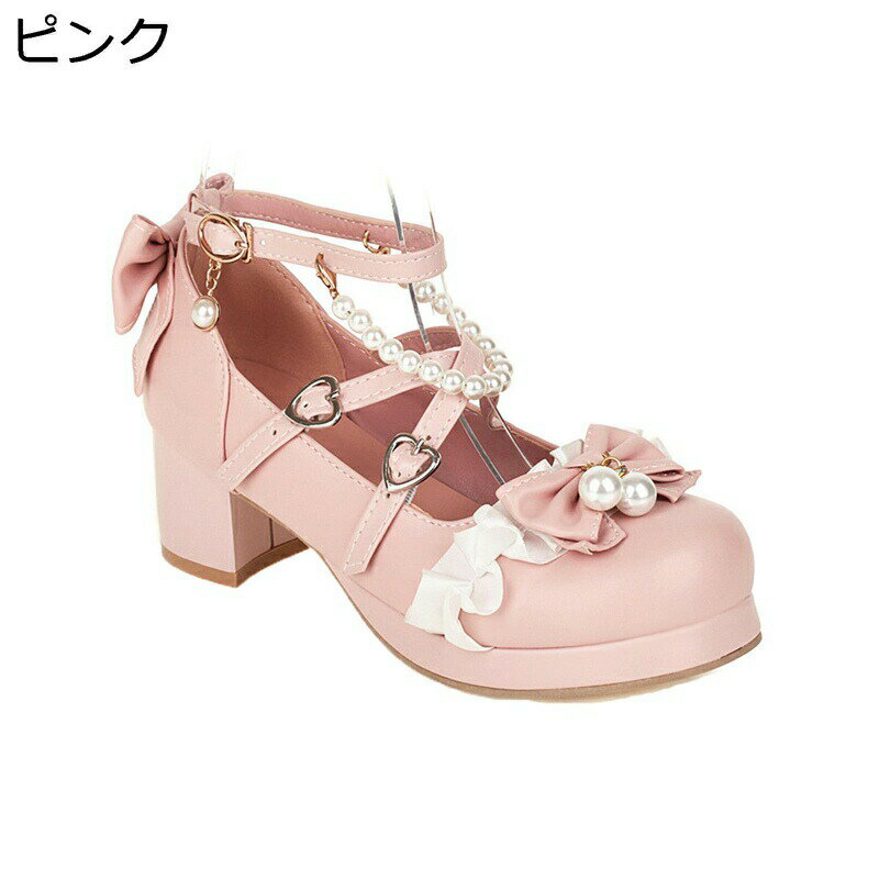 ロリータ靴 大きいサイズ 男の娘 レディース パンプス ハイヒール クロスストライプ フリル レース リ..