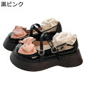 パンプス ロリータ レディース リボン 可愛い エナメル プラットフォーム クロスストライプ 厚底パンプス ロリータシューズ メイド靴 ローカット コンフォート 滑り止め 軽量 痛くない