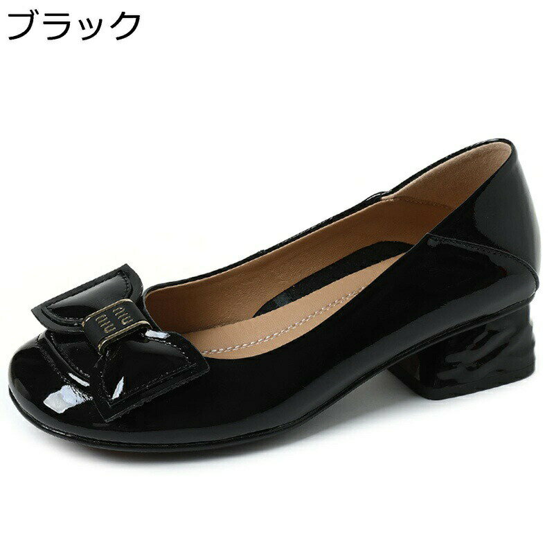 パンプス レディース 蝶結びパンプス 歩きやすい エナメル 光沢 韓国風 おしゃれ リボン スリッポン 3c..