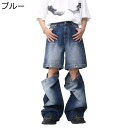 Gパン デニムパンツ ワイドパンツ メンズ 取外し可裾 ウォッシュ加工 ハーフパンツ 2way ゆったり ボトム 男性 クラッシュ 動きやすい トレンド お洒落...