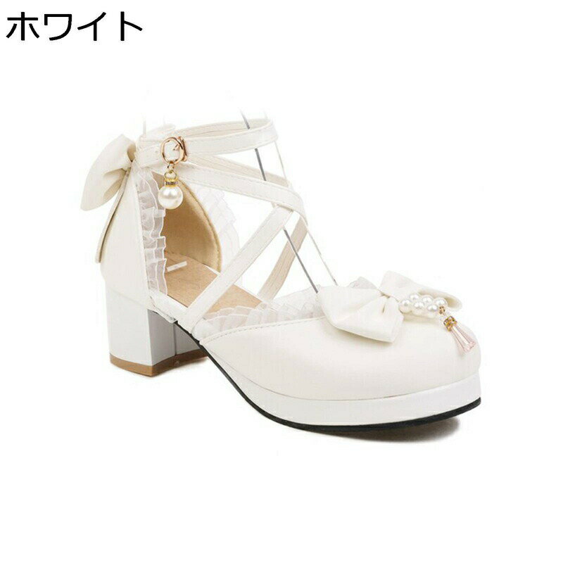 リポン ロリータ 7cmヒール パンプス チャンキーヒール レディース フリルレース アンクルストラップ ..