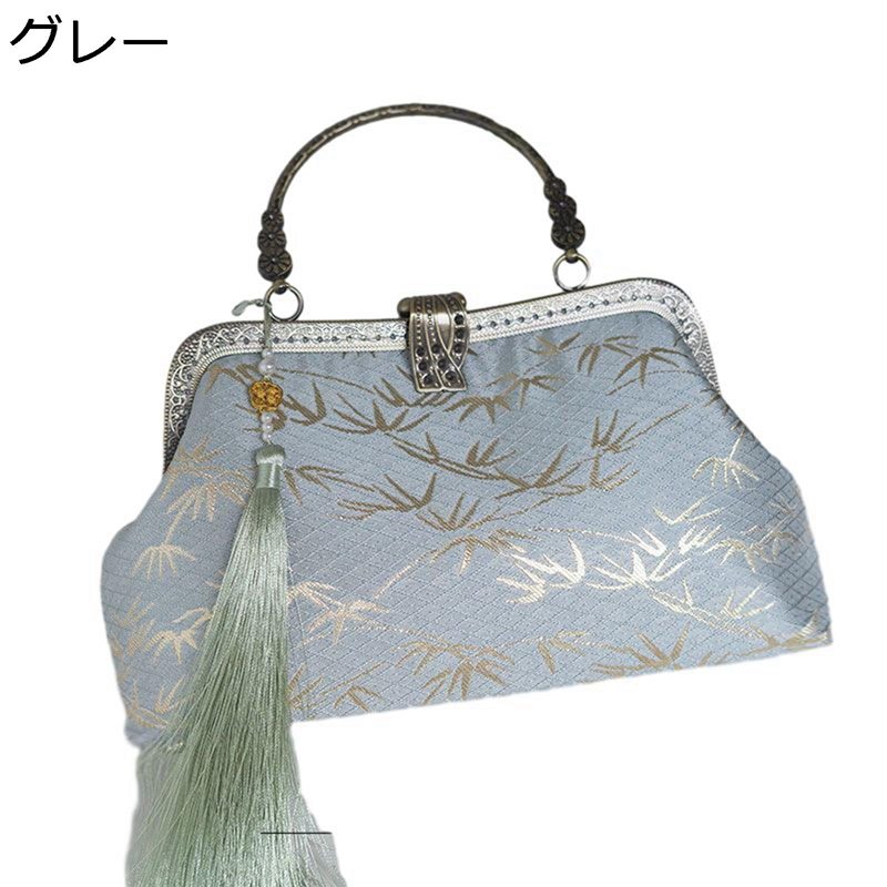 パーティーバッグ クラッチバッグ 結婚式 グリーン 竹葉柄 フリンジ がま口 財布 ハンドバッグ イ