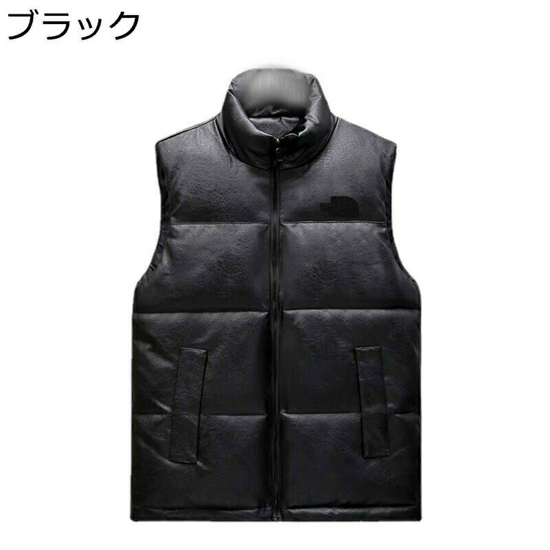 秋冬 中綿ベスト バイカラー PU革ベスト トップス 綿入り ダウンコットン 立ち襟 防風 保温 防寒 無袖 チョッキ アウター 大きいサイズ カジュアル 普段着 アウトドア ビジネス ハイキング 男女兼用