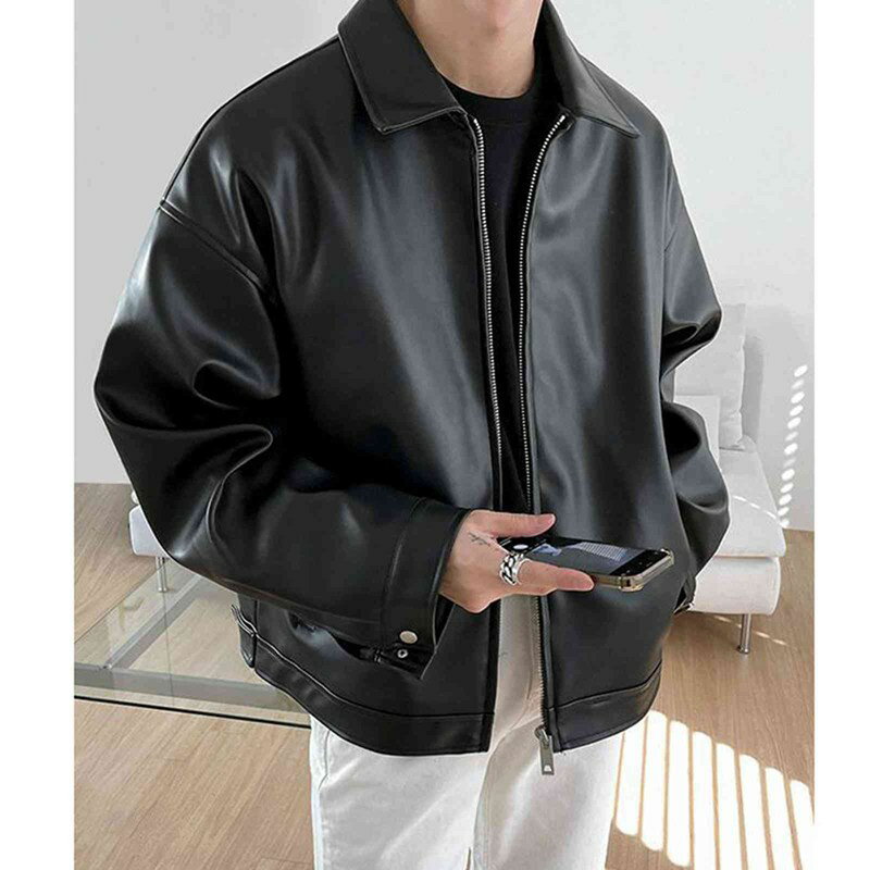 オーバーサイズ フェイクレザーコート PU革ジャン メンズ 長袖 ジッパー ラベル アウター ライダース ロングコート モトジャケット バイクジャケット 普段着 保温 防寒対策 秋 ルース