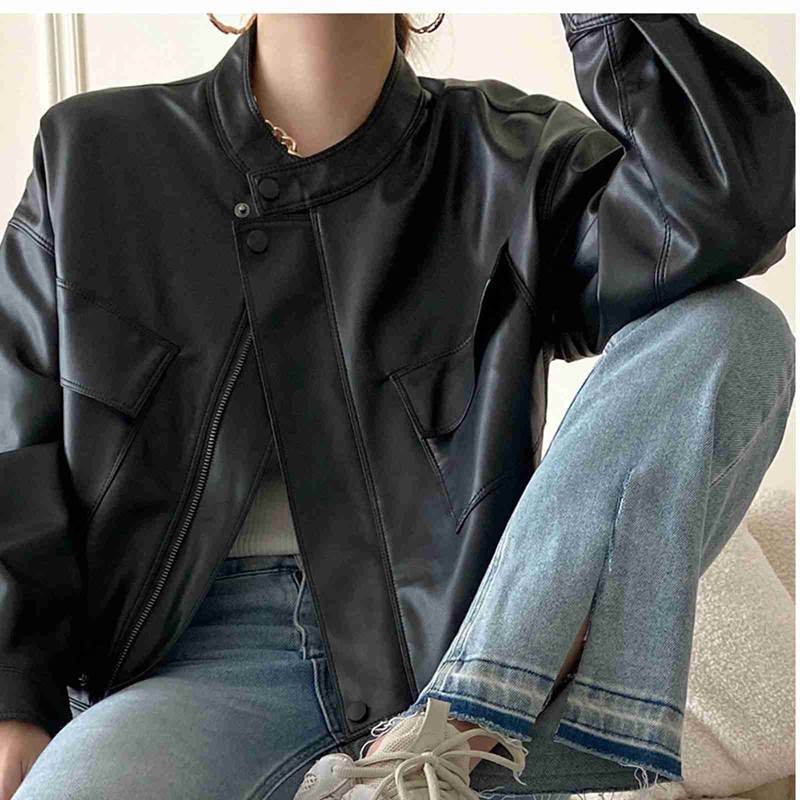ジャケット フェイクレザージャケット PU革ジャン PU皮ジャン レディース 立ち襟 アウター 長袖 ジッパー ライトジャケット ショート丈 羽織り ルース カジュアル 秋冬 おしゃれ 防風 純粋
