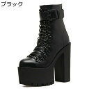 パンク レディース ショートブーツ ハイヒール 14.5cm 身長UP 秋冬 バックル 厚底ブーツ チャンキーヒール ゴシック レースアップ 疲れにくい 柔軟性...