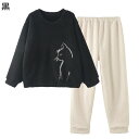 パジャマ レディース ねこ M-3XL 丸首 かわいい プルオーバー 無地 もこもこ アニマル クルーネック ナイトウェア 外出着 発熱 防寒 2点セット 長袖...