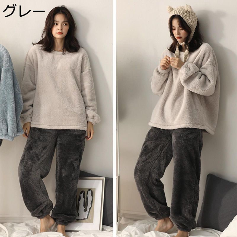 上下セット パジャマ フランネル 春 秋 冬 プルオーバー ロングパンツ 薄手 無地 ボアフリース ゆったり ルーズ シンプル 便利 ナイトウェア 柔らかい 大きめ 優しい 寝間着