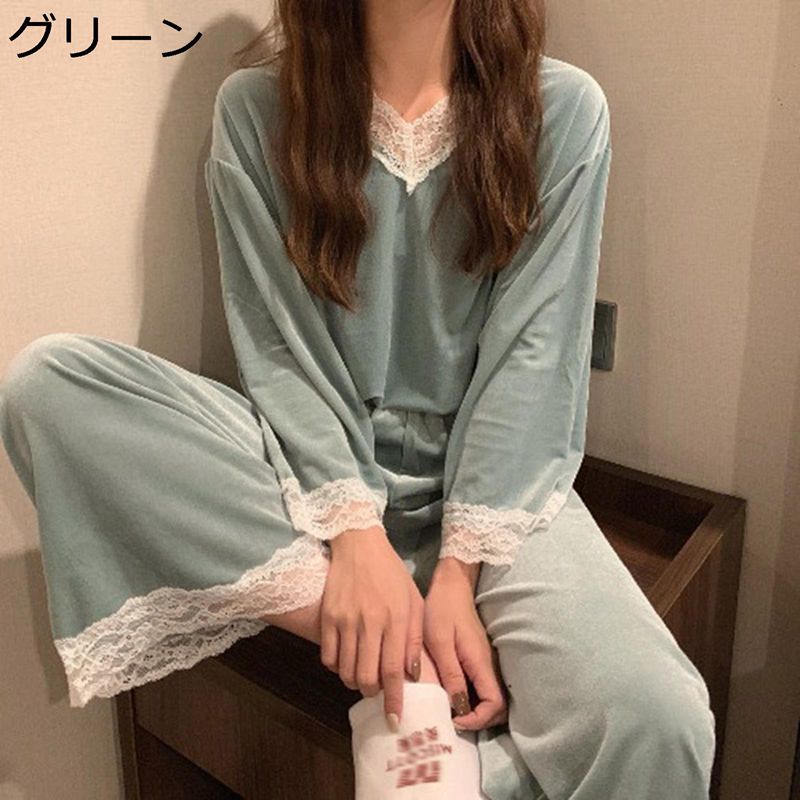 パジャマ ベロア 9分袖 上下セット ベルベット レディース 春秋 レース ロングパンツ プルオーバー 長袖 ゆったり 便利服 日常 寝間着 ナイトウェア 肌触り ギフト グリーン ピンク グレー パープル