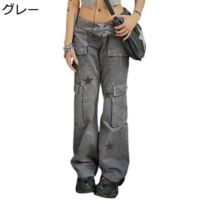 デニムパンツ ワイドカーゴパンツ レディース 袴パンツ 星柄 ボトムス ロング丈 大きいサイズ 体型カバ..