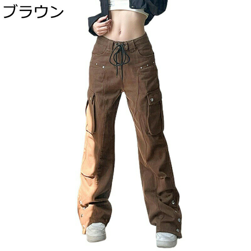 カーゴパンツ レディース 作業パンツ ロングパンツ ゆったり ストレート ルーズワイド コットン 引き紐..