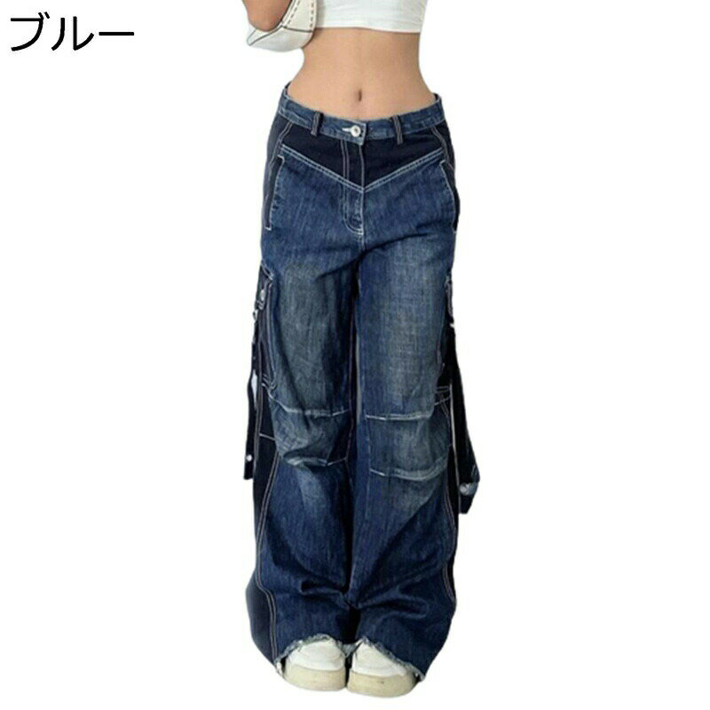 デニムパンツ レディース 作業パンツ ワイドパンツ ストレート 大きいサイズ 体型カバー ローウェスト ..