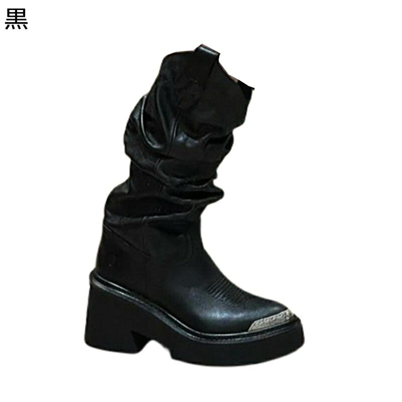 ウェスタンブーツ メタリック 金属 刺繍 ロング レディース ドレープ ミドルヒール ポインテッドトゥ 粗いかかと 厚底 秋冬 レトロ ファッション 滑らない 軽量 柔らかい 普段用 金属つま先