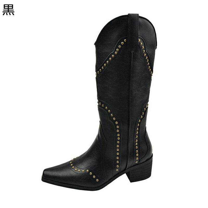 ジョッキーブーツ ウェスタンブーツ リベット 金属 メタリック レディース 切り替え 刺繍 ロング丈 ミドルヒール ポインテッドトゥ スクエアヒール 柔らか 秋冬 おしゃれ 日常 普段使い