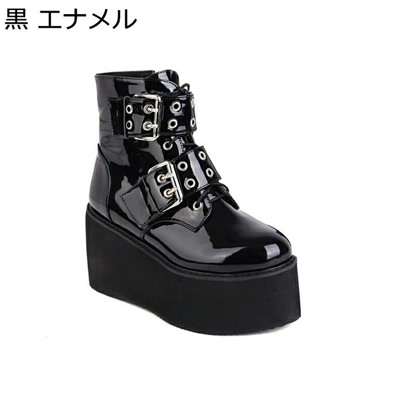 ショートブーツ レディース 大きいサイズ ベルト モンクストラップ リベット ハイヒール 厚底 ファスナー レースアップ 原宿風 パンク 秋 冬 ウェッジヒール ラウンドトゥ 身長UP